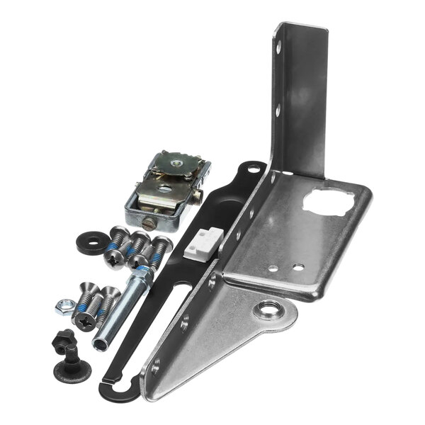 A close-up of a metal bracket with screws and bolts.