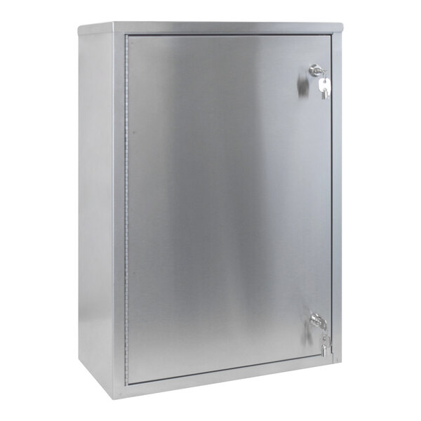 A silver stainless steel Omnimed narcotics cabinet with two doors.
