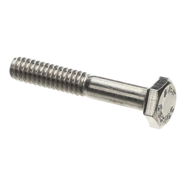 A close-up of a CMA Dishmachines stainless steel hexhead bolt.