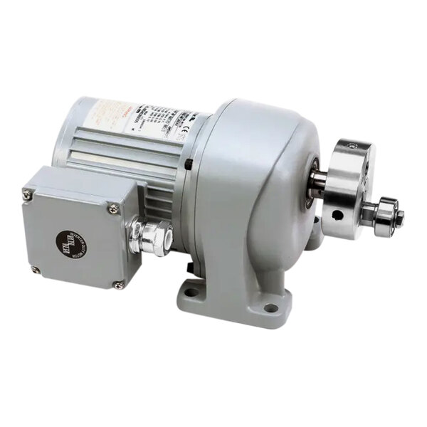 A grey electric motor with a white label.