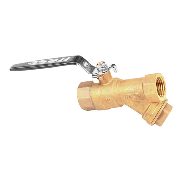 A brass CMA Dishmachines 1/2 strainer ball valve with a handle.