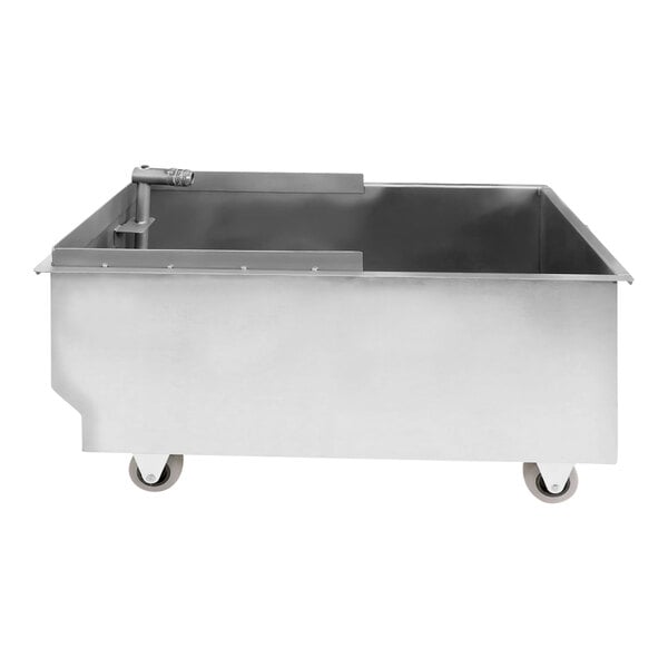 A stainless steel Frymaster pan with wheels.
