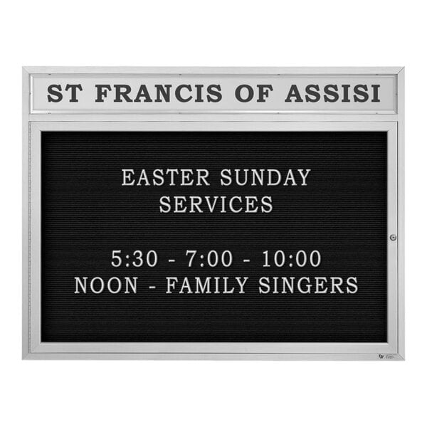 A black sign with white text that says "St. Francis of Assisi Easter Sunday Services" over a white background.