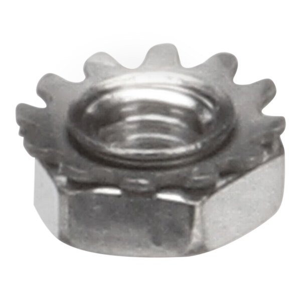 A Frymaster 10-32 stainless steel nut with a metal ring on top.