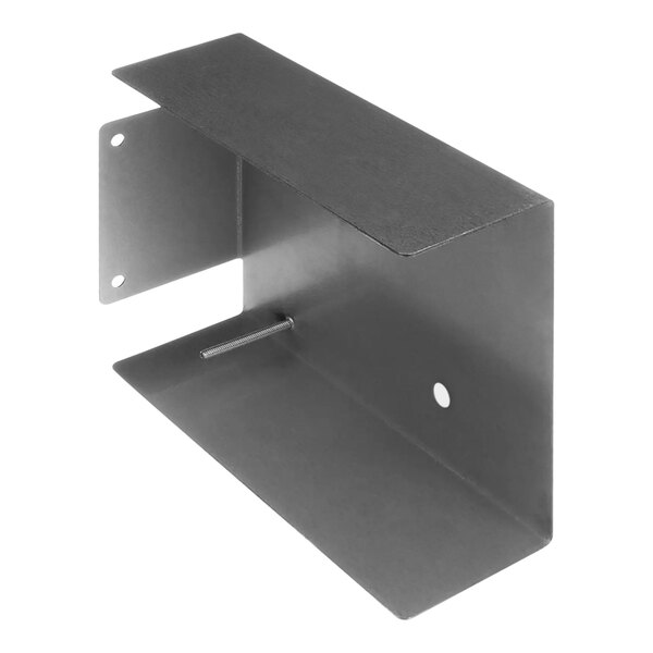 A metal shelf with a metal bracket with a hole and a screw.