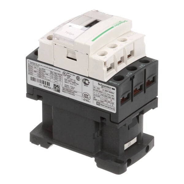 A white electrical contactor with a clear cover.