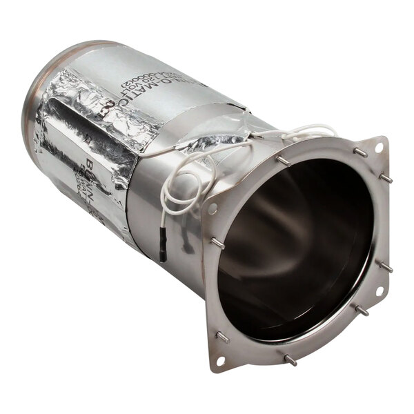 A silver cylinder with white wires.