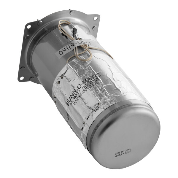 A cylindrical metal tank with a reflective insulated blanket, attached wires, and a mounting flange.