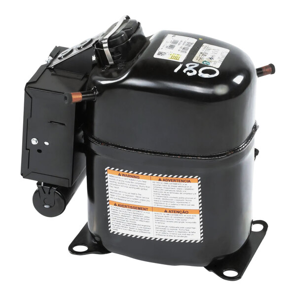 A black Beverage-Air compressor with a white label.