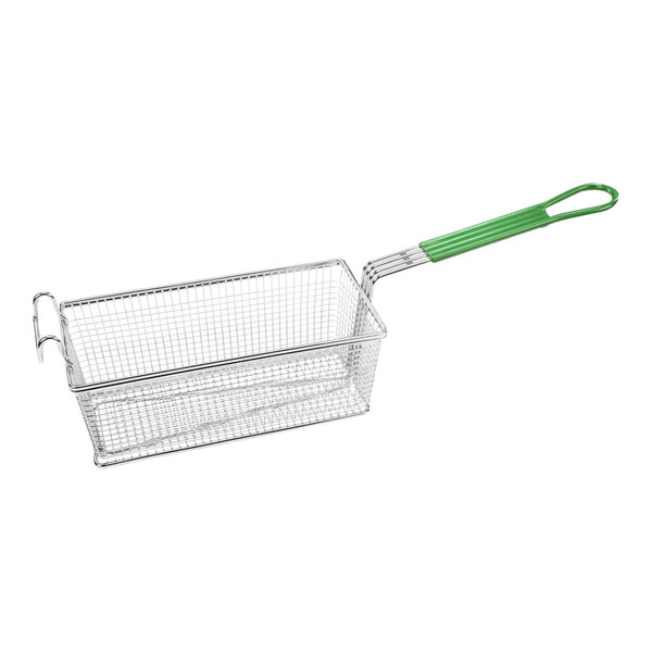 A Frymaster wire basket with a green handle.