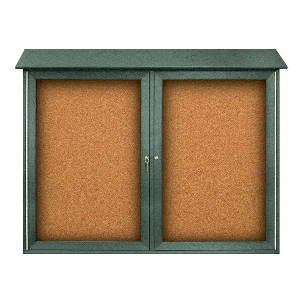 A United Visual Products double door message center with a green recycled plastic frame and corkboard.