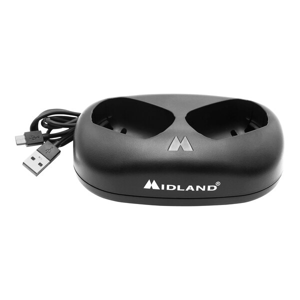 A black Midland desktop charger with two ports.