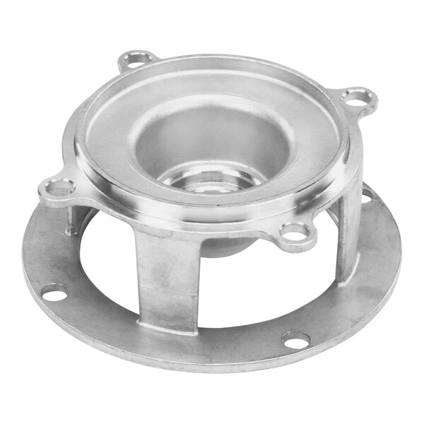 A stainless steel round pump base with holes.