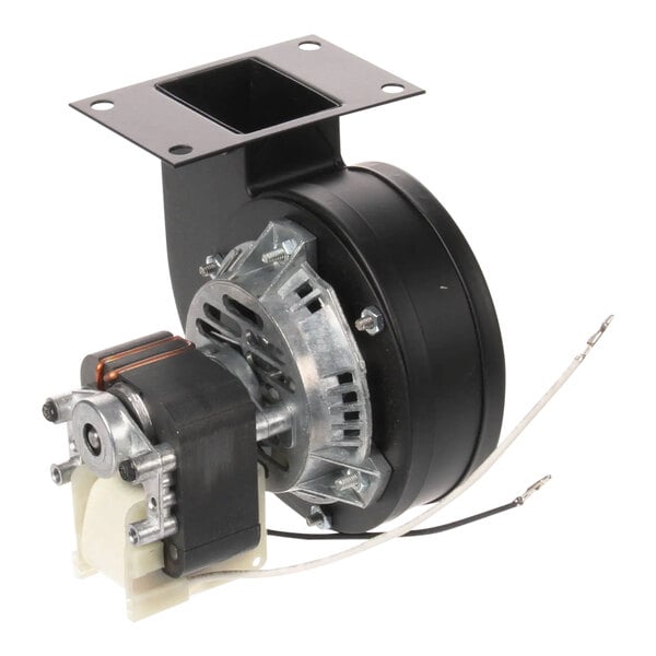 A small black rectangular Frymaster blower motor with a wire attached to it.