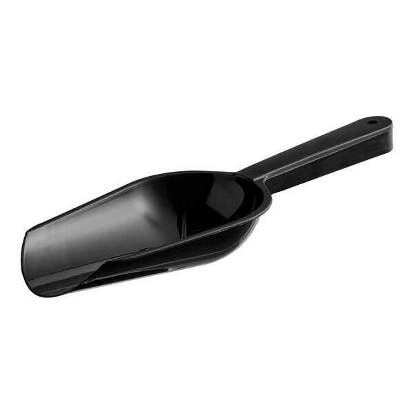 A black plastic scoop with a handle and a hole at the end, shown on a white background.