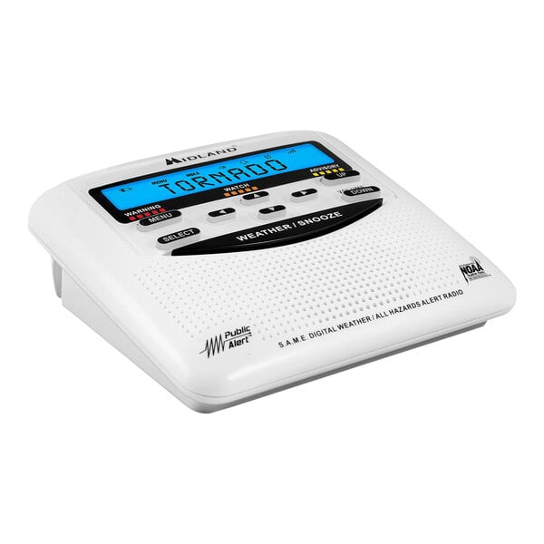 A white Midland NOAA Weather Alert Radio with a digital display.