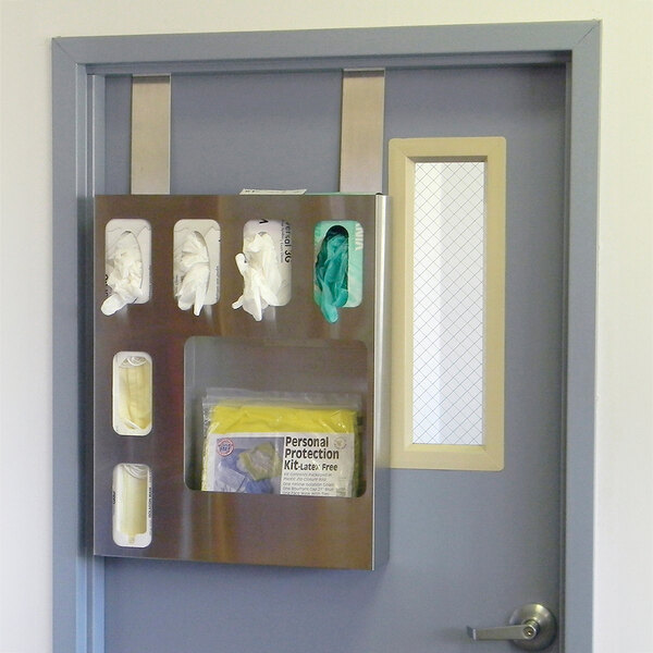 Stainless steel Omnimed door hanger brackets holding gloves on a door.