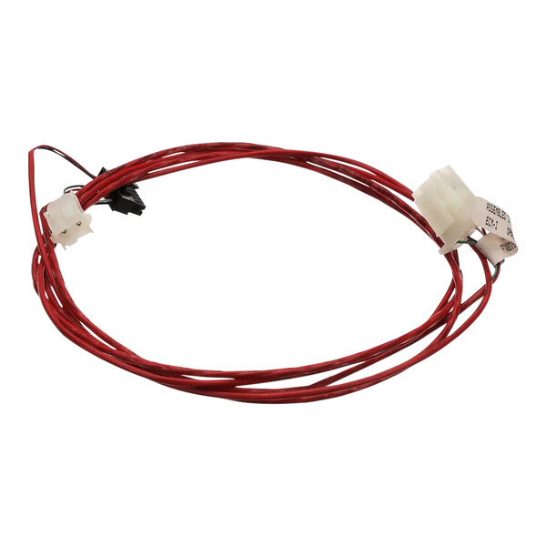 A red wire harness with white connectors and a black plug.