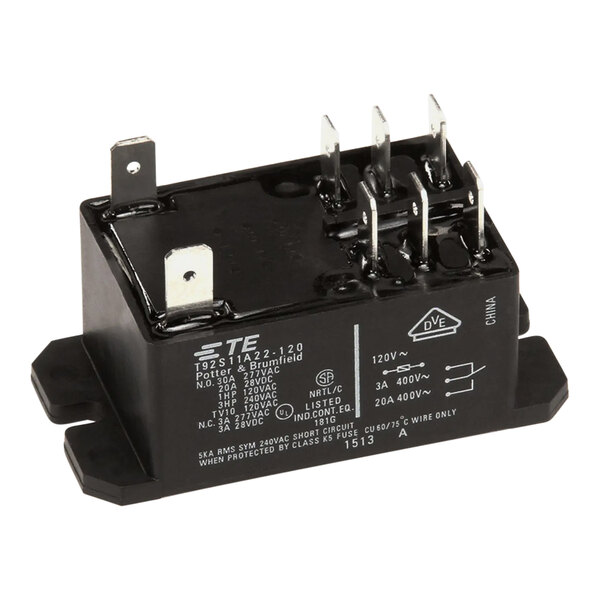 A black Frymaster relay with four wires.