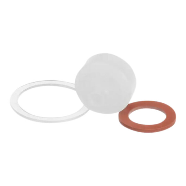 A white and red rubber gasket with a white plastic circle.