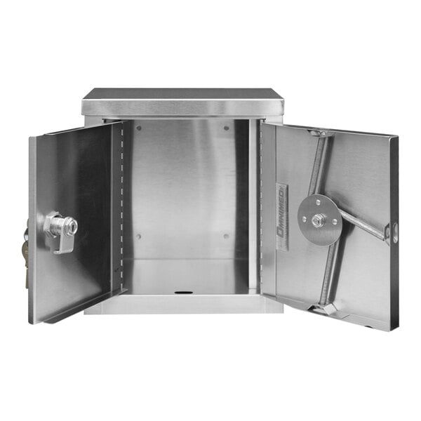 A stainless steel Omnimed narcotics cabinet with two key locks on a wall.