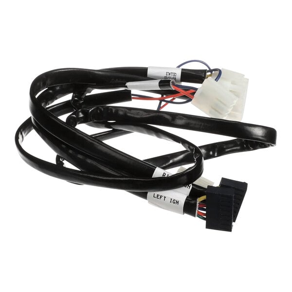 A black electrical harness with white tags and connectors.