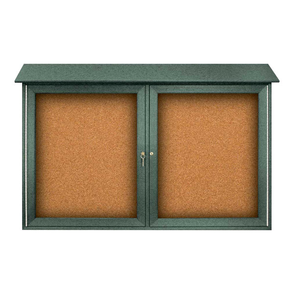 A United Visual Products double door message center with corkboard and green recycled plastic frame.