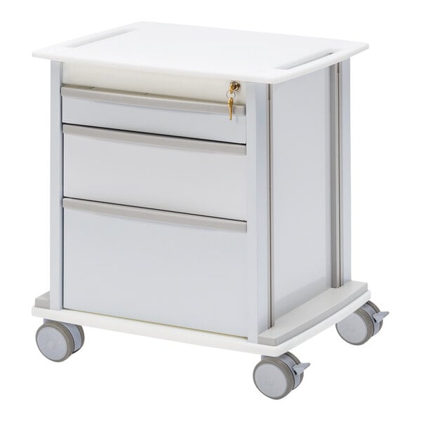 An Omnimed white medical storage cart with 3 drawers and wheels.