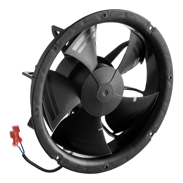 A black 200 mm electric fan with a circular frame and attached wiring, designed for use with Bunn equipment.