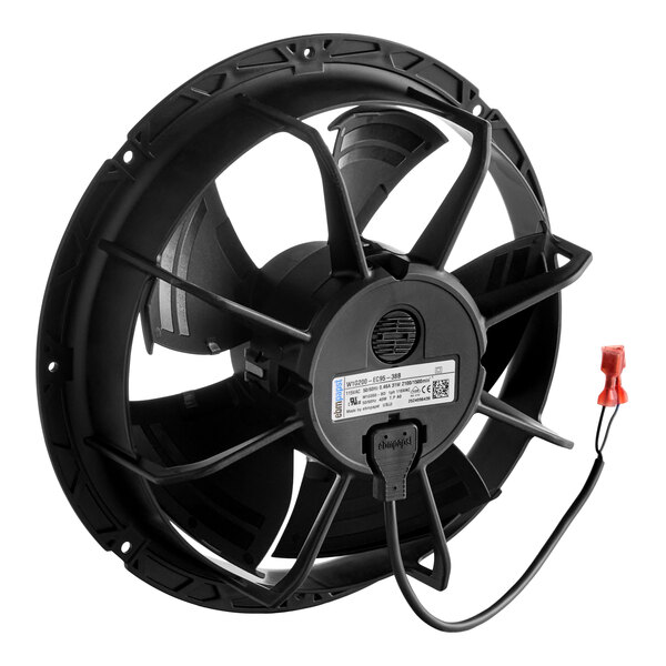 A black 200 mm electric fan with a protective grille and attached wiring, designed for use with Bunn equipment.