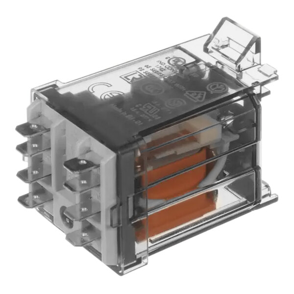 A clear plastic box with a clear plastic cover containing a small orange plastic relay.