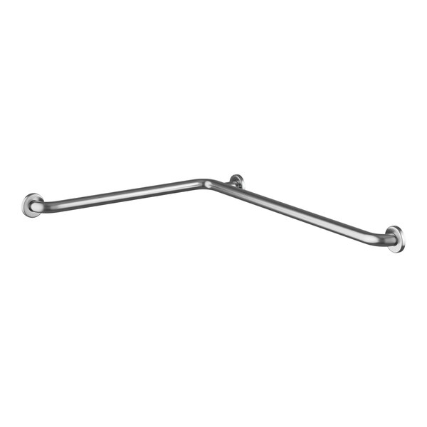 A Lavex stainless steel grab bar with a curved handle and holes in the wall plates.