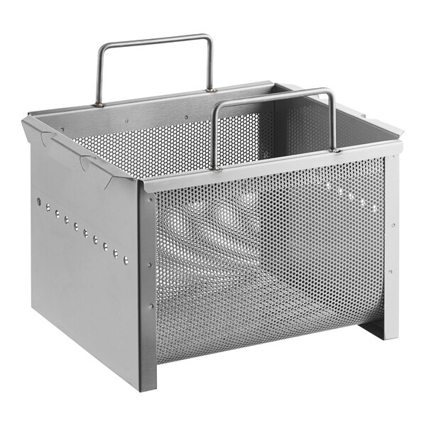 A stainless steel mesh Frymaster bulk basket with handles.