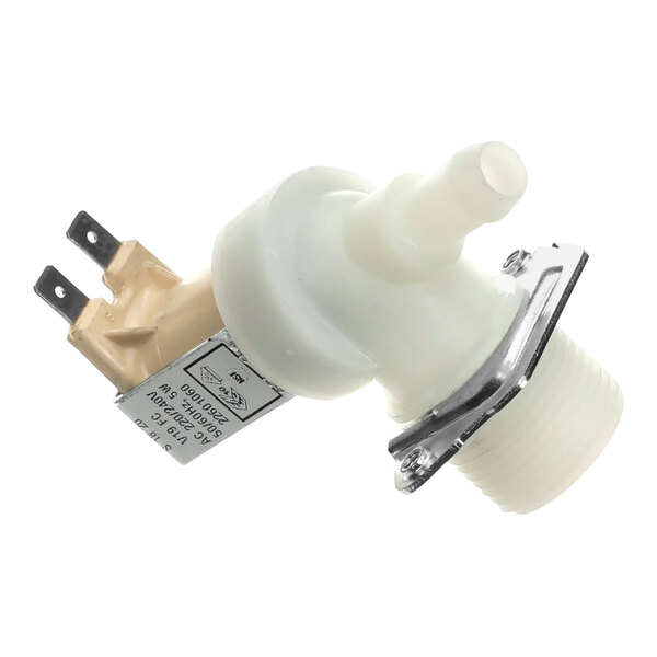 A Moffat water solenoid valve with a white plastic cover and metal holder.