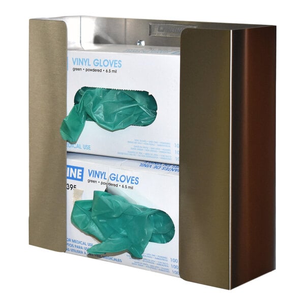 A metal box with two green vinyl gloves inside.