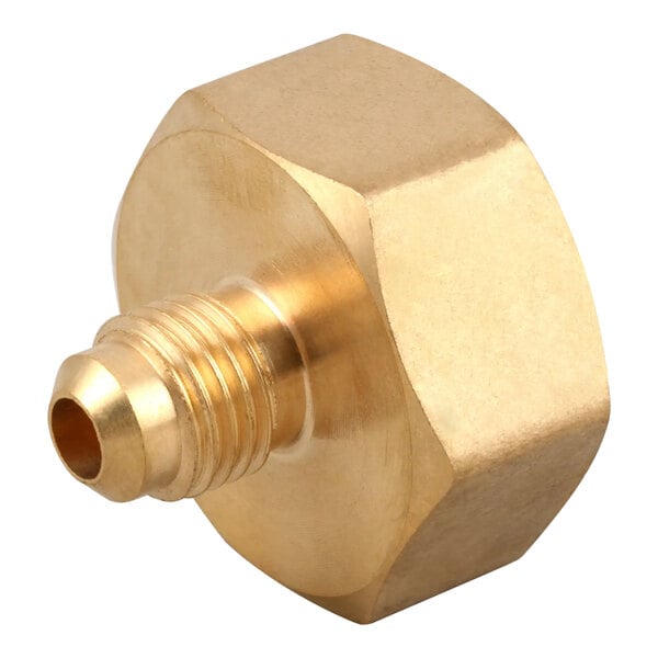 A brass hexagon nut with a screw on a white background.