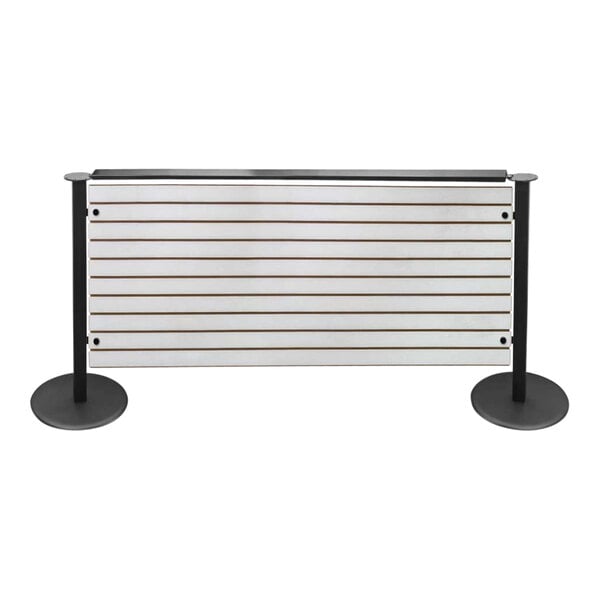 A United Visual Products slatwall divider with white panels and black stripes.