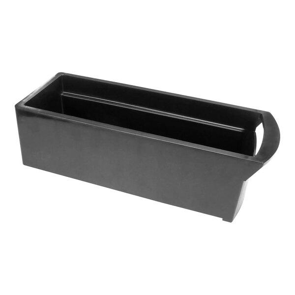 A black rectangular poly pro container with a long rectangular bottom and two compartments.