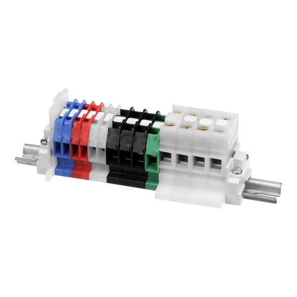 A white plastic CMA Dishmachines terminal block with metal screws.