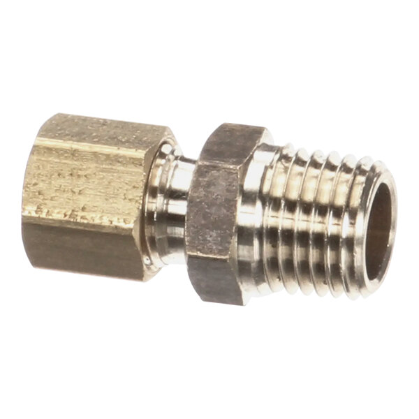 A brass threaded male connector with a nut on the end.