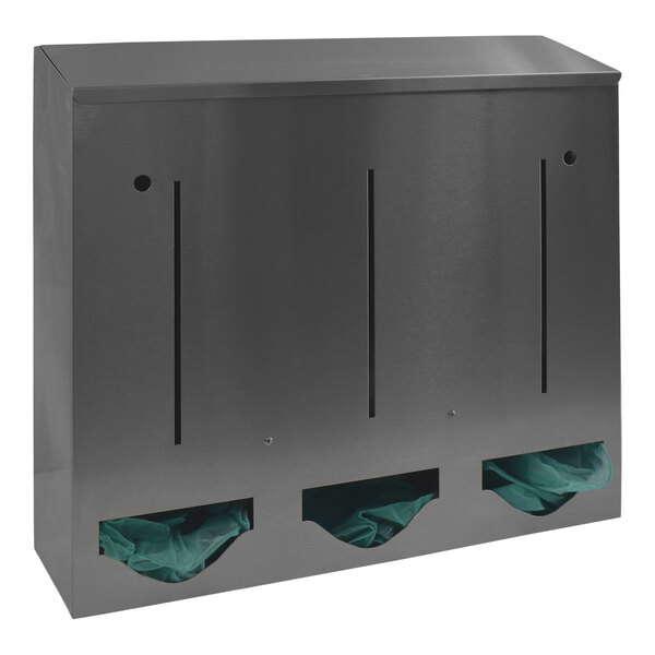 An Omnimed stainless steel box with three compartments on a counter.