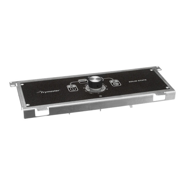 A black and silver rectangular control panel with a knob.