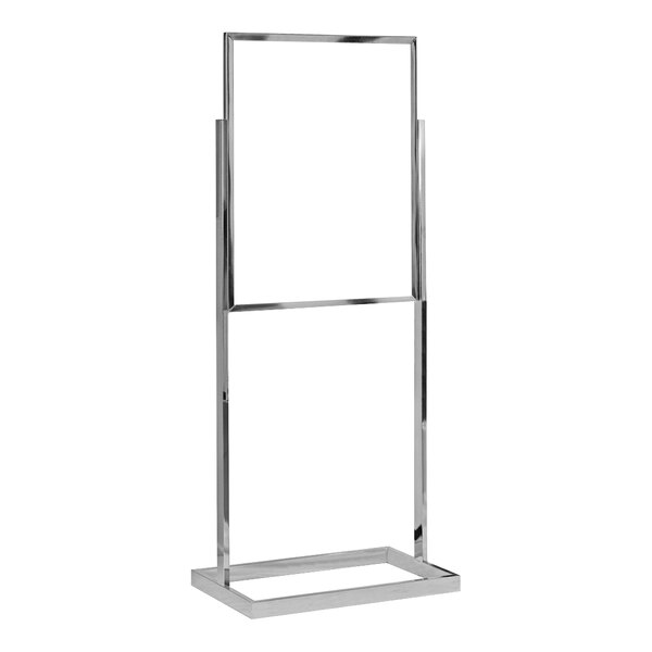 A chrome rectangular tube stand pedestal sign with a 14 by 22 inch frame.