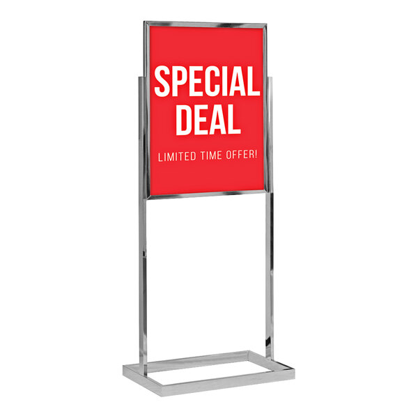 A chrome rectangular tube pedestal sign stand displaying a red sign that reads 'Special Deal Limited Time Offer!'.
