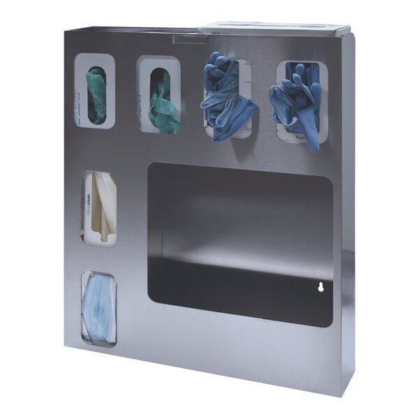 An Omnimed stainless steel wall mount isolation station holding gloves and other items.