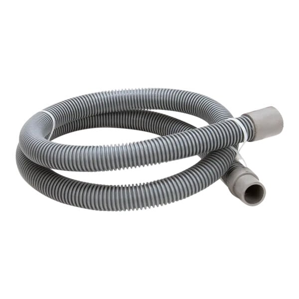 A grey corrugated drain hose with a white end.