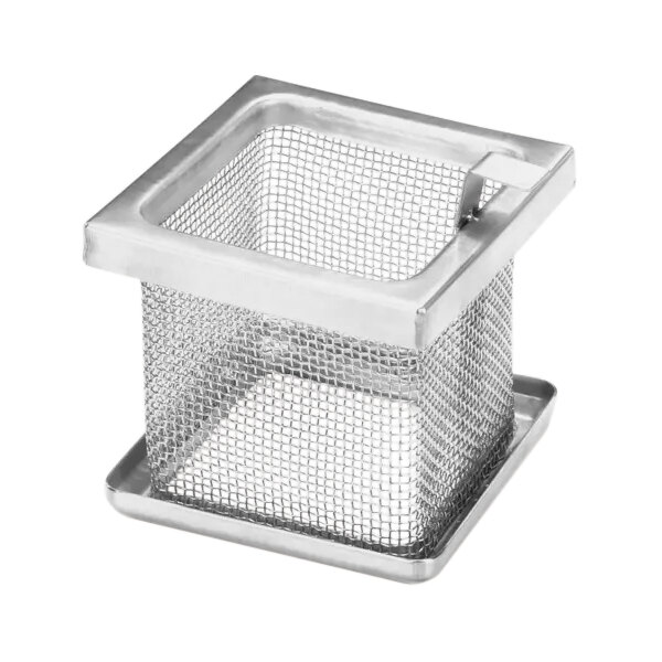 A stainless steel mesh strainer with a handle.