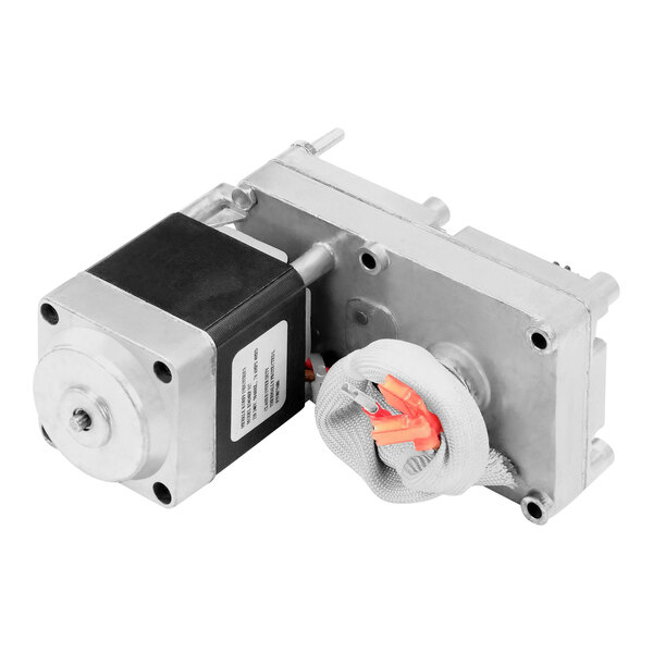 A metal device with a black and silver metal cylinder and a small motor with a black and white strap.