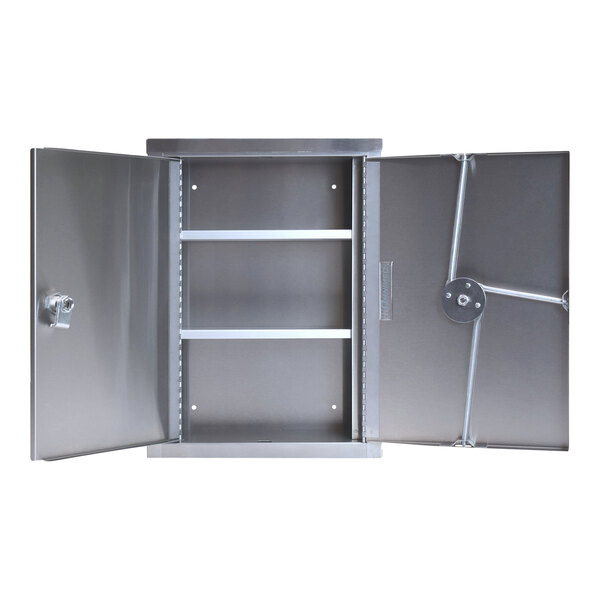 An Omnimed stainless steel wall-mount narcotics cabinet with open doors.