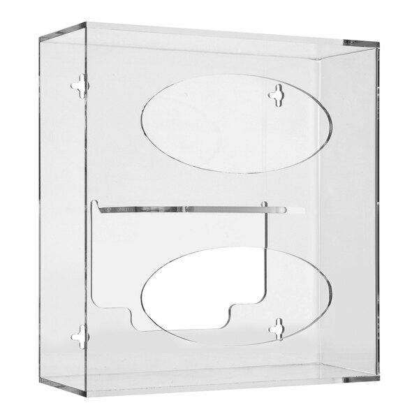 A clear acrylic Omnimed wall mount with two ovals for glove boxes.